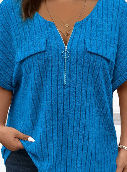 KissICON Royal Blue / UK 18 [Plus Size T-Shirt] Elegant Plus Size Women's Short-Sleeve T-Shirt | with Zipper Pockets And a Loose, Comfortable Fit, for Spring And Summer