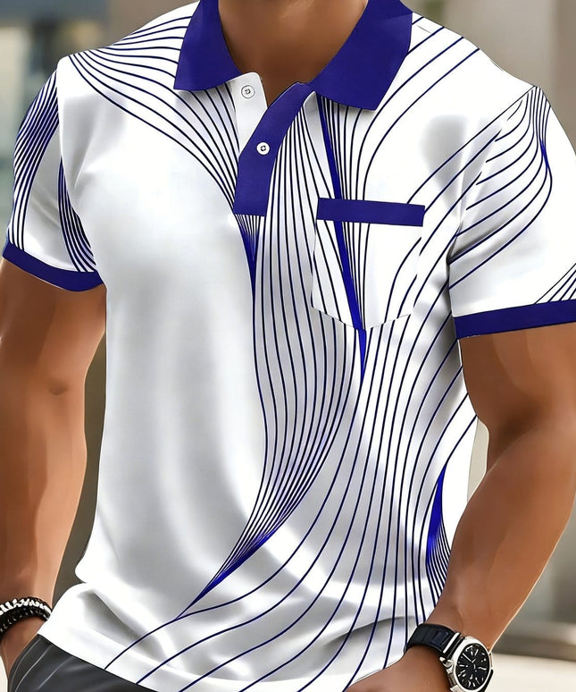 KissICON Royal Blue / UK 36 Dynamic Line Print Mens Modern ShortSleeve Polo
