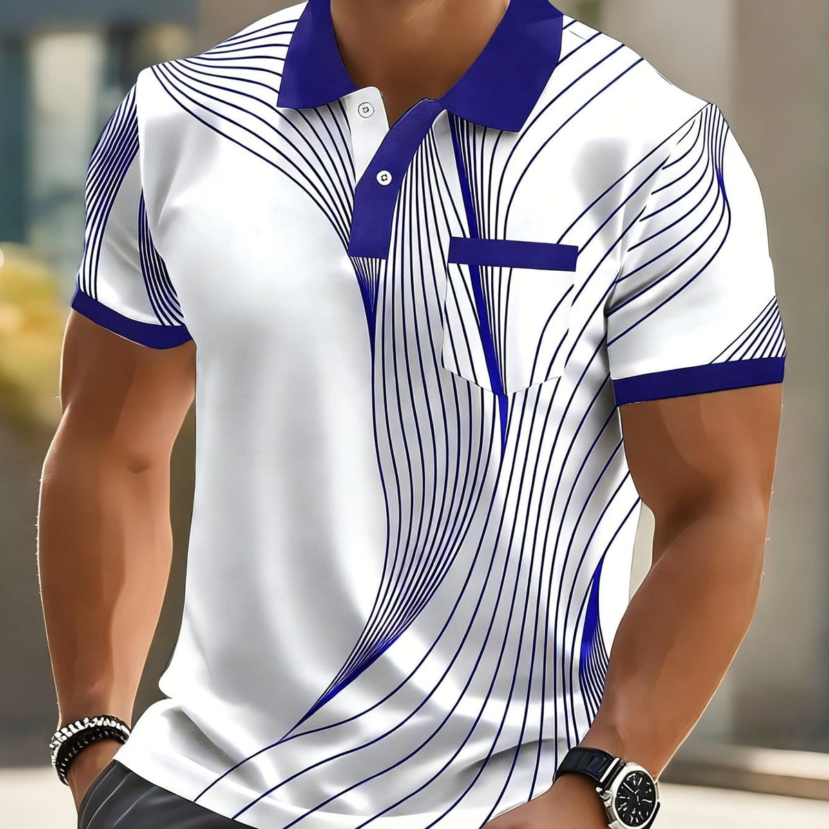 KissICON Royal Blue / UK 42 Dynamic Line Print Mens Modern ShortSleeve Polo