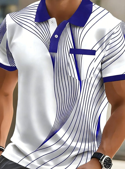 KissICON Royal Blue / UK 46-48 Dynamic Line Print Mens Modern ShortSleeve Polo