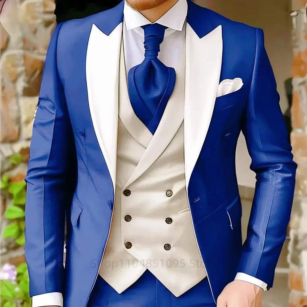 KissICON Royal Blue / XXXL Mens Elegant Peak Lapel 3Piece Tuxedo Suit