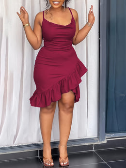 jkthpu-45 [Ruffle Hem Bodycon Dress] Elegant Solid Color Women's Spaghetti Strap Bodycon Dress | Ruffle Hem and Back Zipper | Perfect for Vacation and All Seasons, Adult Fashion, Vacation Attire
