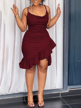 jkthpu-45 [Ruffle Hem Bodycon Dress] Elegant Solid Color Women's Spaghetti Strap Bodycon Dress | Ruffle Hem and Back Zipper | Perfect for Vacation and All Seasons, Adult Fashion, Vacation Attire