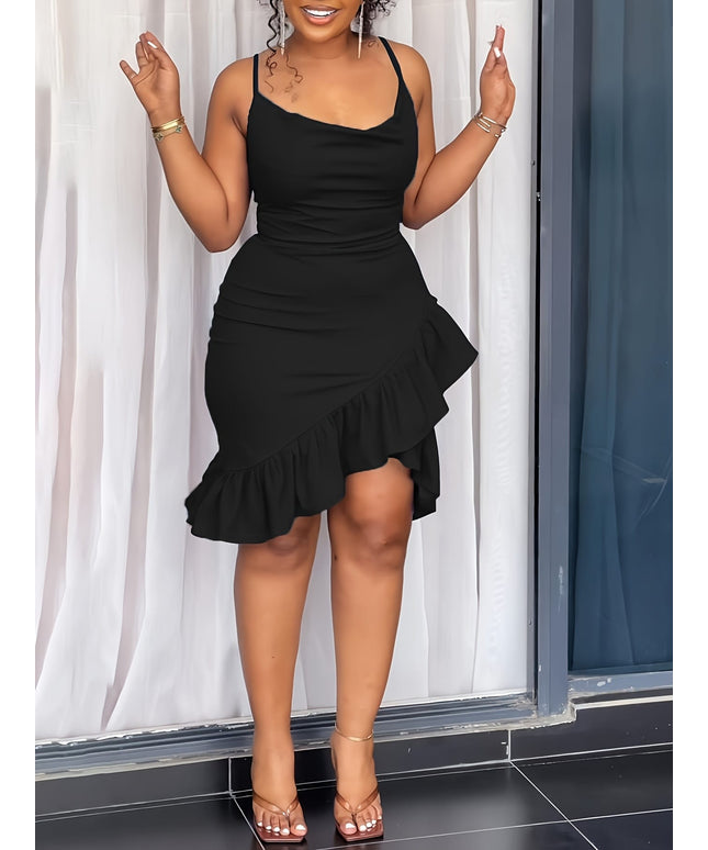 jkthpu-45 [Ruffle Hem Bodycon Dress] Elegant Solid Color Women's Spaghetti Strap Bodycon Dress | Ruffle Hem and Back Zipper | Perfect for Vacation and All Seasons, Adult Fashion, Vacation Attire