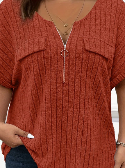 KissICON Rust / UK 18 [Plus Size T-Shirt] Elegant Plus Size Women's Short-Sleeve T-Shirt | with Zipper Pockets And a Loose, Comfortable Fit, for Spring And Summer