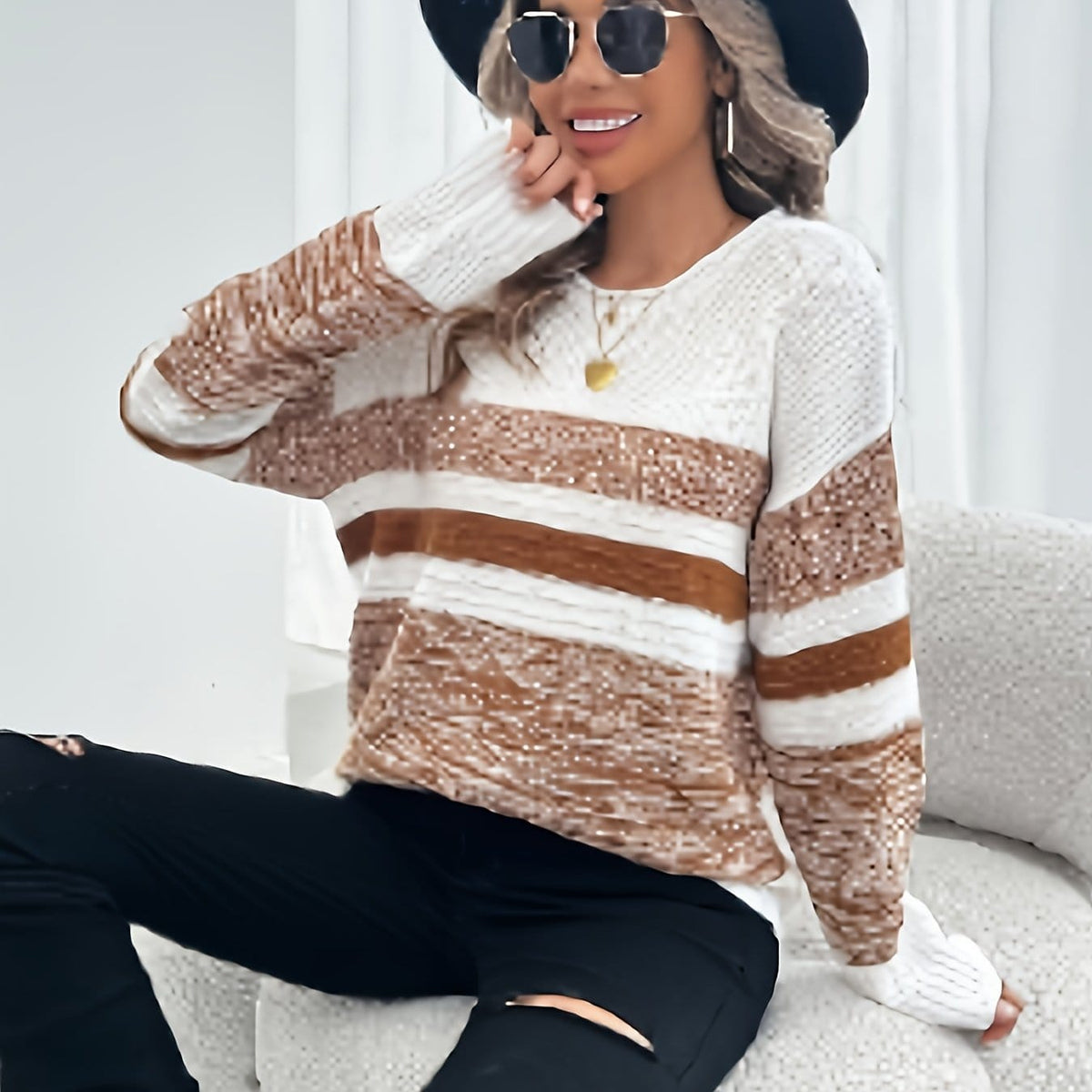 jkthpu-45 Rust / UK 18 Women'S Plus Size Knit Sweater, Elegant Striped Pullover,