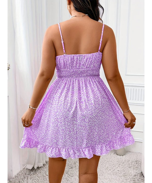 jkthpu-45 S70291 Elegant Plus Size Women's Fashion Floral Print Spaghetti Suspender Dress, 100%