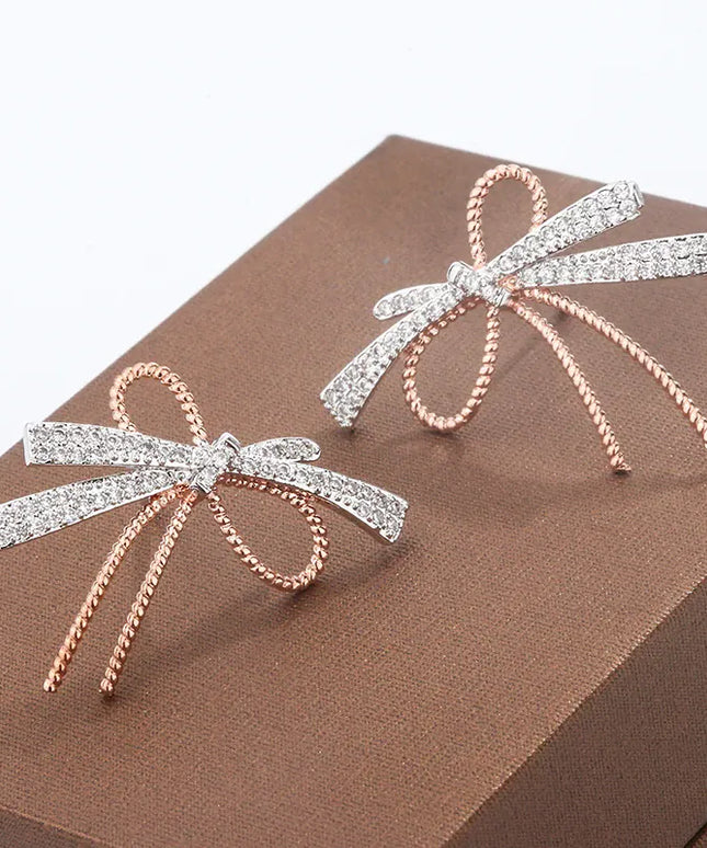 KissICON S925 Silver Plated Bowknot Stud Earrings Two Tone Zircon