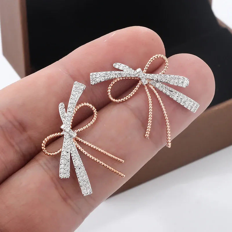 KissICON S925 Silver Plated Bowknot Stud Earrings Two Tone Zircon