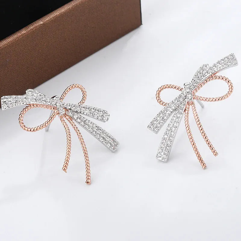 KissICON S925 Silver Plated Bowknot Stud Earrings Two Tone Zircon
