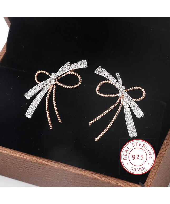 KissICON S925 Silver Plated Bowknot Stud Earrings Two Tone Zircon