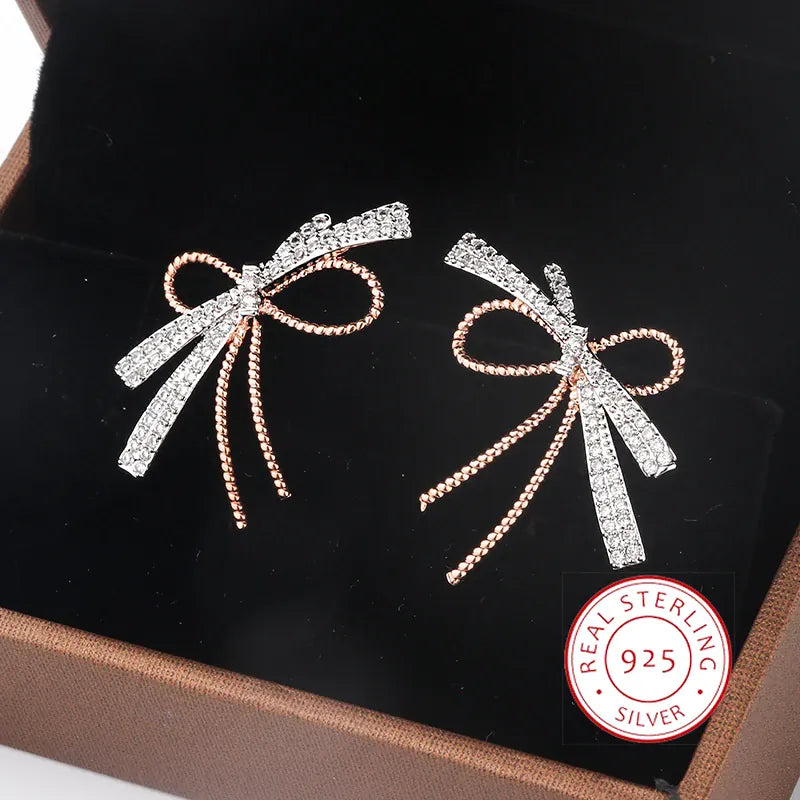 KissICON S925 Silver Plated Bowknot Stud Earrings Two Tone Zircon