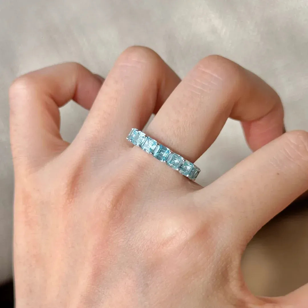 KissICON S925 Sterling Silver Ring Heavy Industry High-End Full Diamond Row Ring Fashionable Versatile High Carbon Diamond Aquamarine Rin
