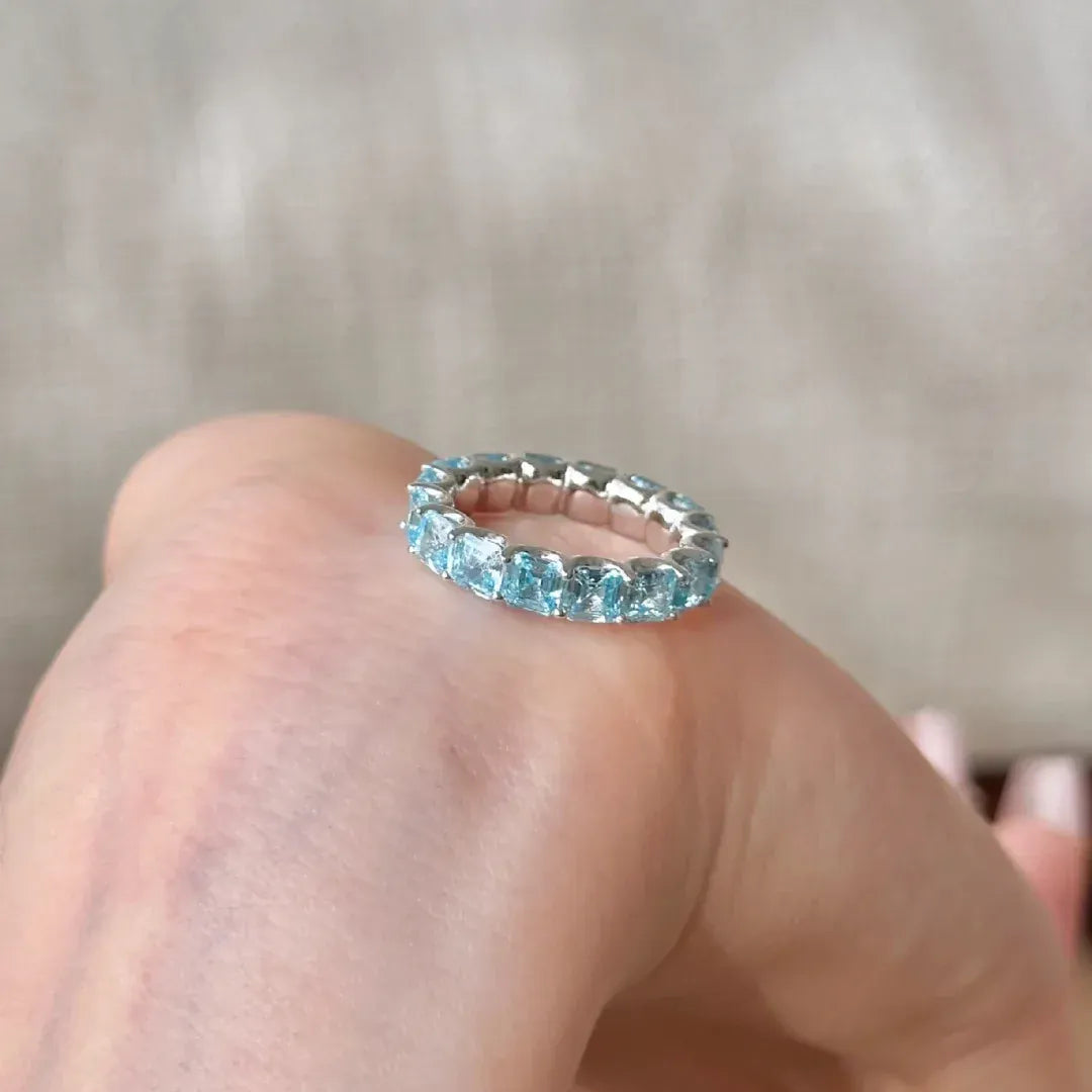 KissICON S925 Sterling Silver Ring Heavy Industry High-End Full Diamond Row Ring Fashionable Versatile High Carbon Diamond Aquamarine Rin