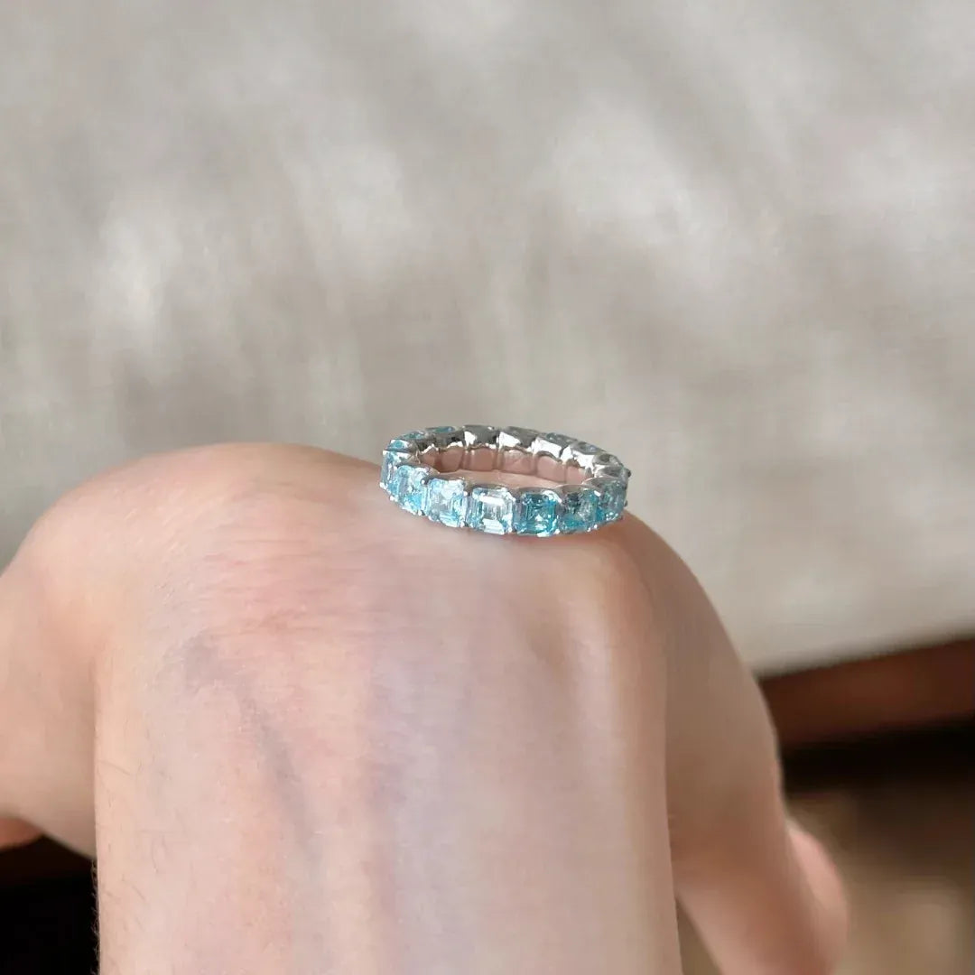 KissICON S925 Sterling Silver Ring Heavy Industry High-End Full Diamond Row Ring Fashionable Versatile High Carbon Diamond Aquamarine Rin