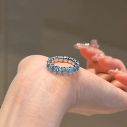 KissICON S925 Sterling Silver Ring Heavy Industry High-End Full Diamond Row Ring Fashionable Versatile High Carbon Diamond Aquamarine Rin