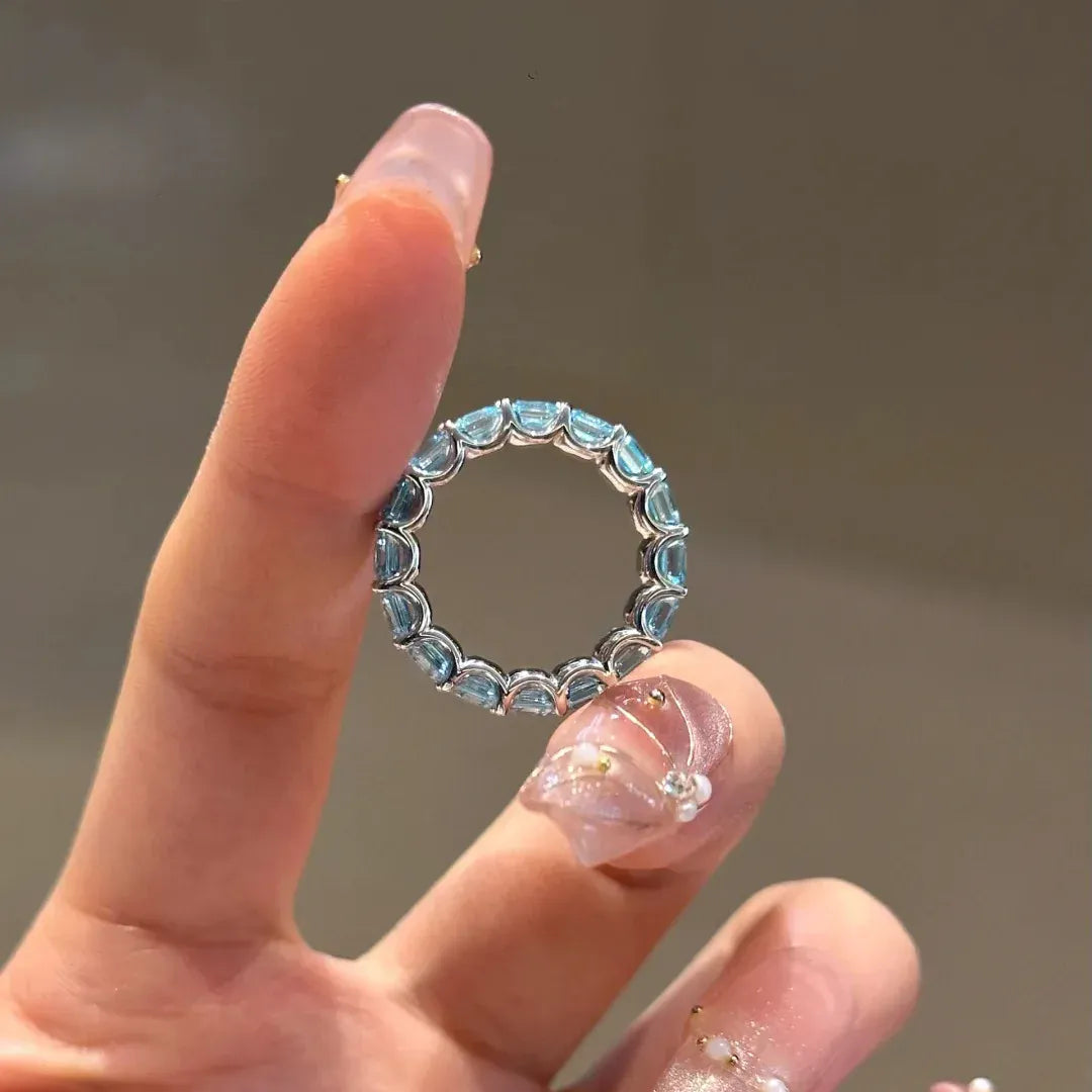 KissICON S925 Sterling Silver Ring Heavy Industry High-End Full Diamond Row Ring Fashionable Versatile High Carbon Diamond Aquamarine Rin