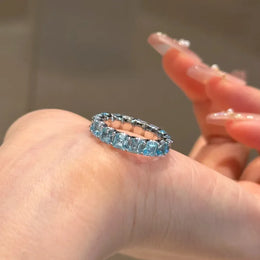KissICON S925 Sterling Silver Ring Heavy Industry High-End Full Diamond Row Ring Fashionable Versatile High Carbon Diamond Aquamarine Rin