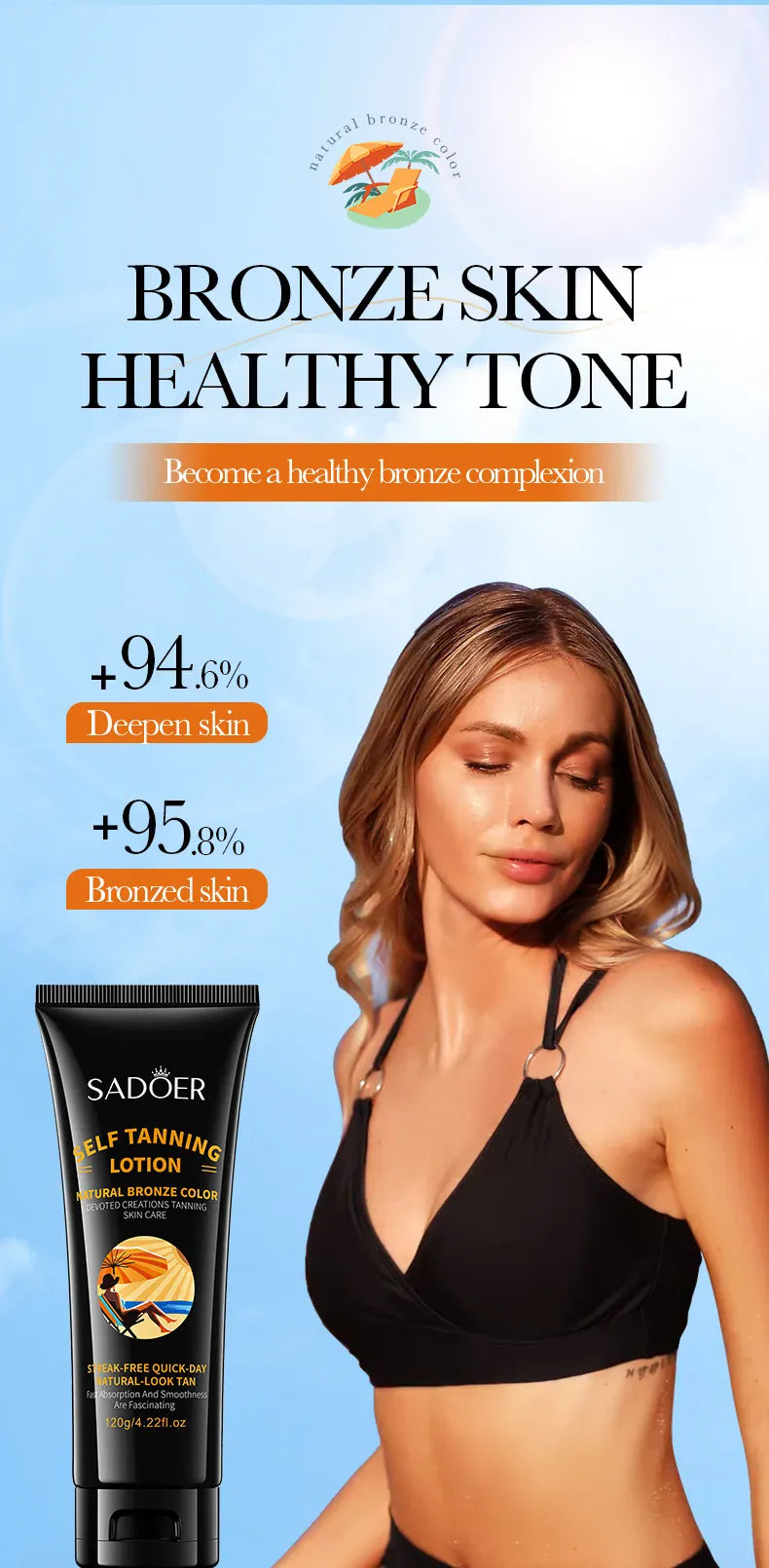 KissICON Sadoer Self Tanner Lotion Flawless Sunless Tan For