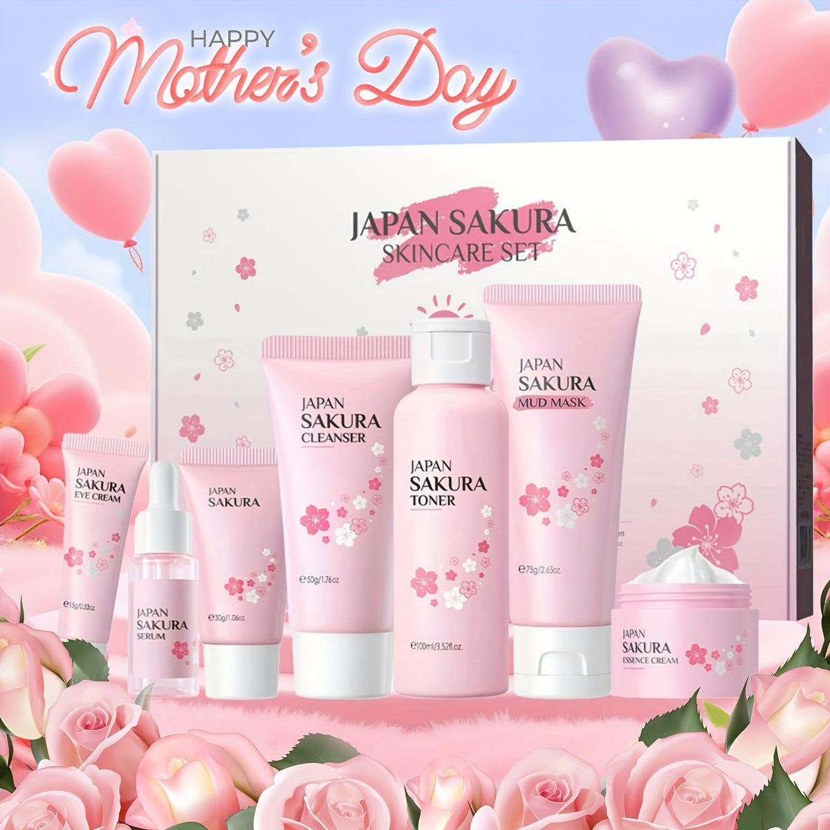 KissICON SAKURA 7Pieces Skincare Set KissIcon Sakura Gift Set Moisturizing Cherry Blossom