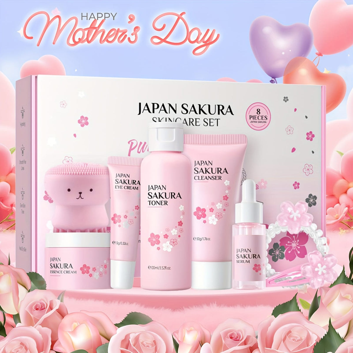 KissICON Sakura 8Pieces Skincare Set KissIcon Sakura Gift Set Moisturizing Cherry Blossom