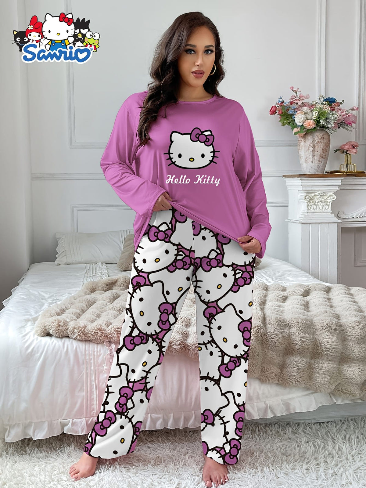 jkthpu-45 Sanrio Hello Kitty Women's Casual Printed Pajama Set,