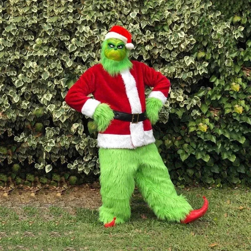 KissICON Santa Claus Costume Set Christmas Party Prom Adult Role Playing Green Monster Shaggy Halloween Cosplay Suit Gloves Mask