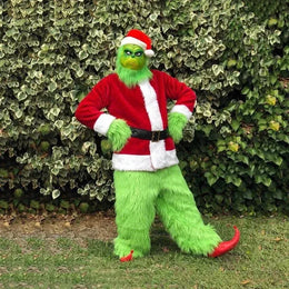 KissICON Santa Claus Costume Set Christmas Party Prom Adult Role Playing Green Monster Shaggy Halloween Cosplay Suit Gloves Mask