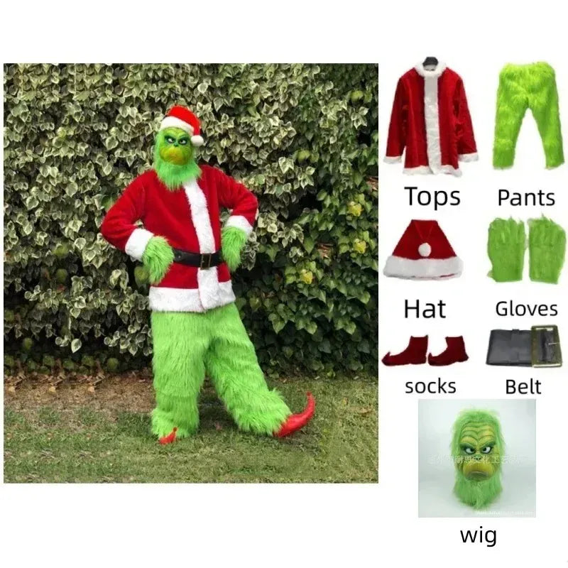 KissICON Santa Claus Costume Set Christmas Party Prom Adult Role Playing Green Monster Shaggy Halloween Cosplay Suit Gloves Mask