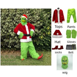 KissICON Santa Claus Costume Set Christmas Party Prom Adult Role Playing Green Monster Shaggy Halloween Cosplay Suit Gloves Mask