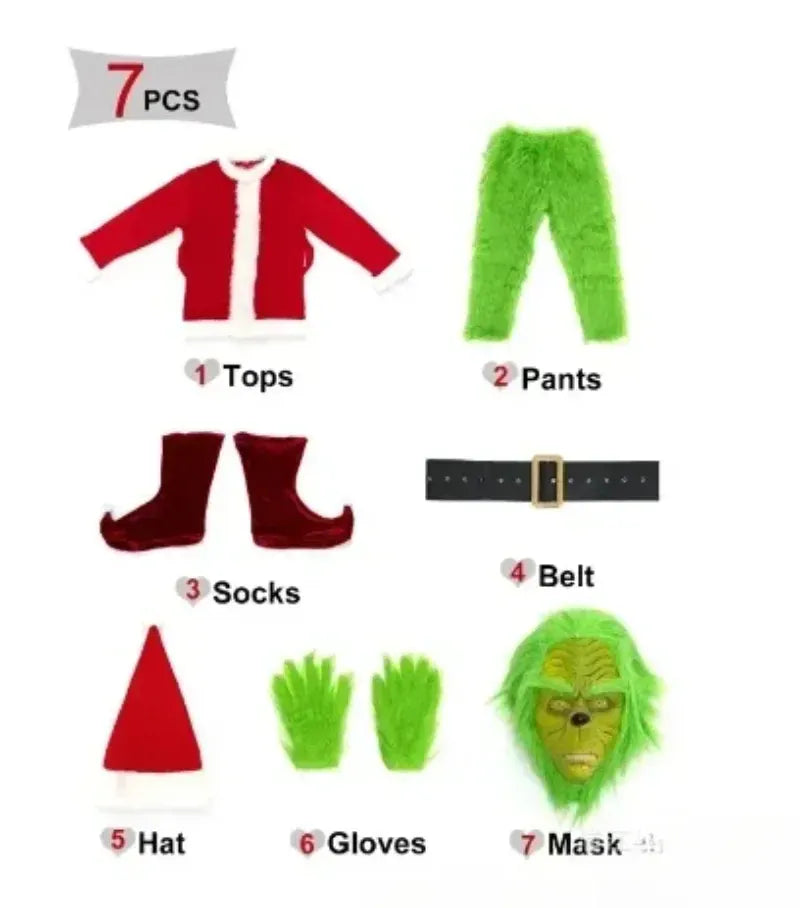 KissICON Santa Claus Costume Set Christmas Party Prom Adult Role Playing Green Monster Shaggy Halloween Cosplay Suit Gloves Mask