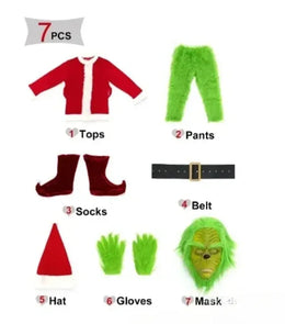 KissICON Santa Claus Costume Set Christmas Party Prom Adult Role Playing Green Monster Shaggy Halloween Cosplay Suit Gloves Mask