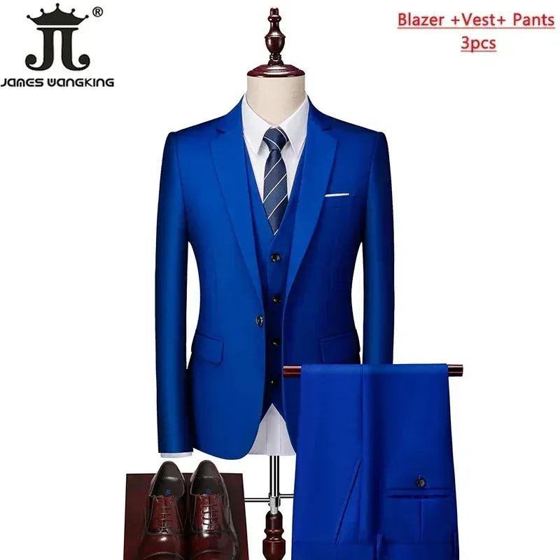 KissICON Sapphire Blue 3Pcs / M (US XXS) Mens Solid Color Formal Business 3Piece Suit M6XL