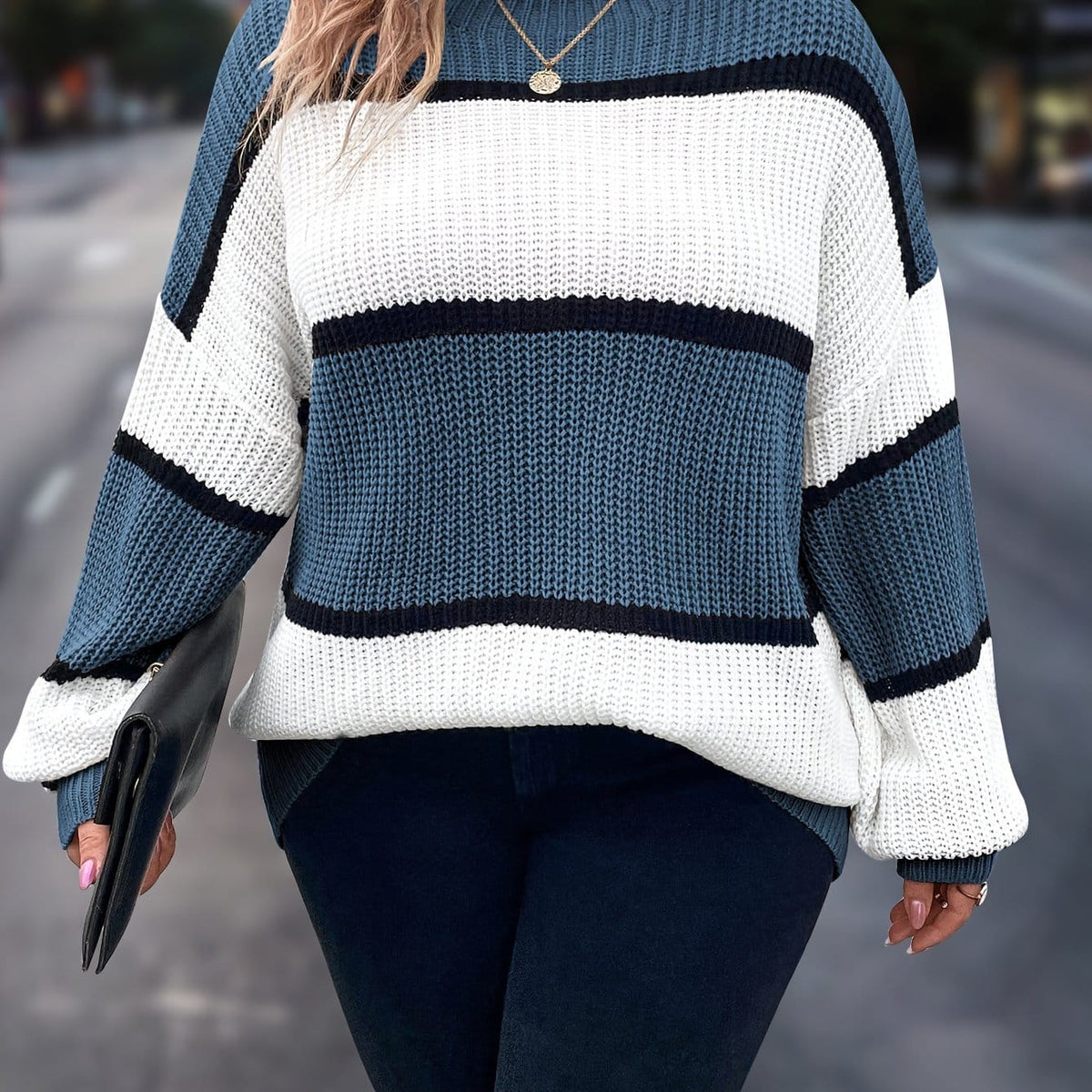 jkthpu-45 Sea Blue / UK 16 Chic Plus-Size Striped Sweater for Women - Cozy