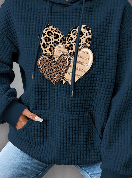 jkthpu-45 Sea Blue / UK 16 Plus Size Heart Print Waffle Hoodie, Casual Long