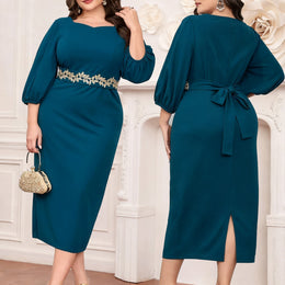 jkthpu-45 Sea Blue / UK 18 Plus Size - Elegant Plus Size Teal Midi Dress with Floral Waistband - Sleeveless, Round Neck, Flowing Design, Perfect for Spring/Summer Vacations, Vacation Dress | Floral Waistband Dress | Polyester Fabric