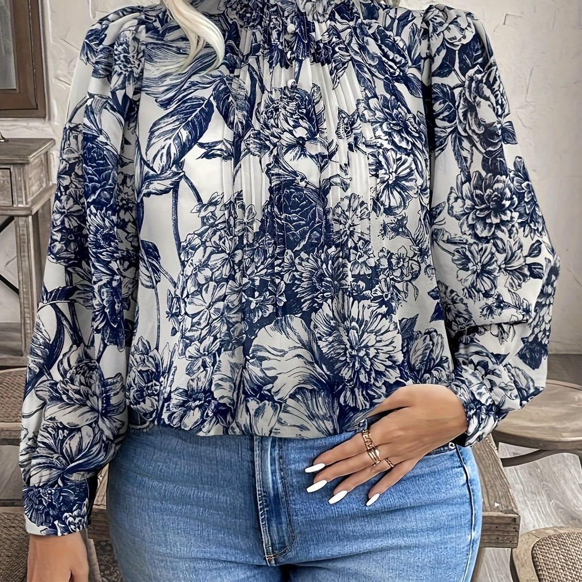 jkthpu-45 Sea Blue / UK 18 Plus Size, Women's Elegant Blouse - Long Sleeve