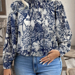 jkthpu-45 Sea Blue / UK 18 Plus Size, Women's Elegant Blouse - Long Sleeve
