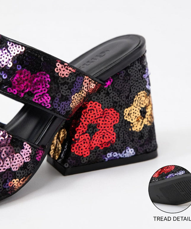 KissICON Sequin Floral Block Heel Mules