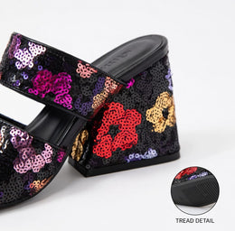 KissICON Sequin Floral Block Heel Mules