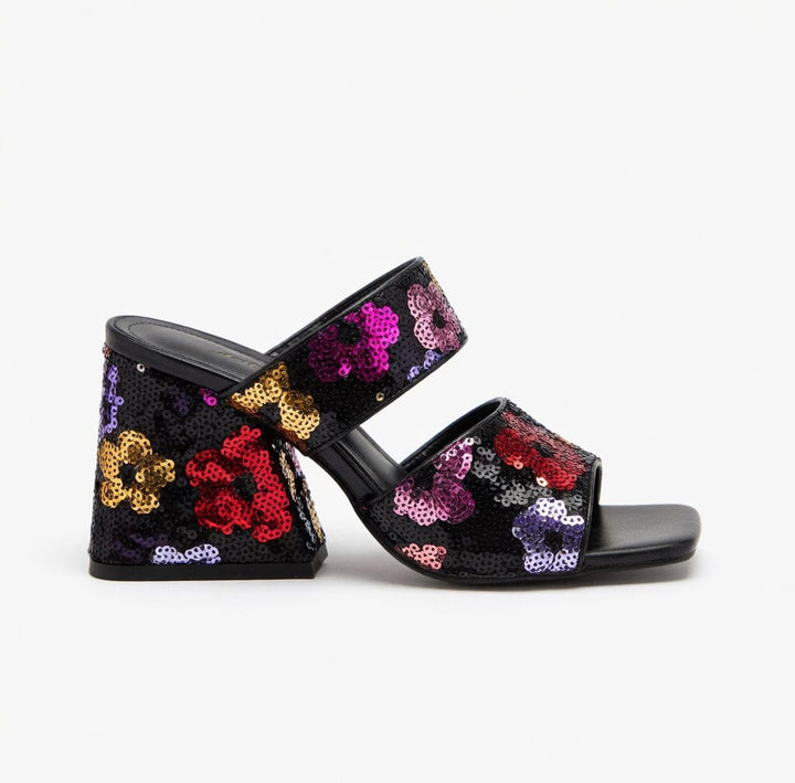 Sequin Floral Block Heel Mules