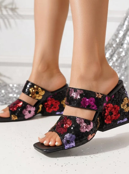 KissICON Sequin Floral Block Heel Mules