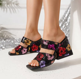 KissICON Sequin Floral Block Heel Mules