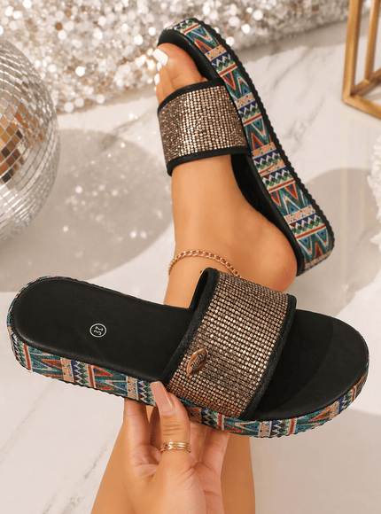 KissICON Footwear Sequined Roman Peep-Toe Sandals – Low Heel | KissICON