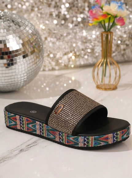 KissICON Footwear Sequined Roman Peep-Toe Sandals – Low Heel | KissICON