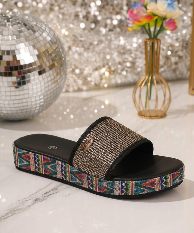 KissICON Footwear Sequined Roman Peep-Toe Sandals – Low Heel | KissICON