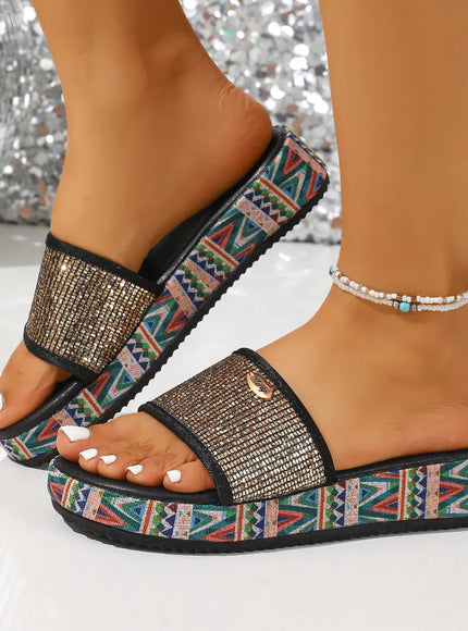 KissICON Footwear Sequined Roman Peep-Toe Sandals – Low Heel | KissICON