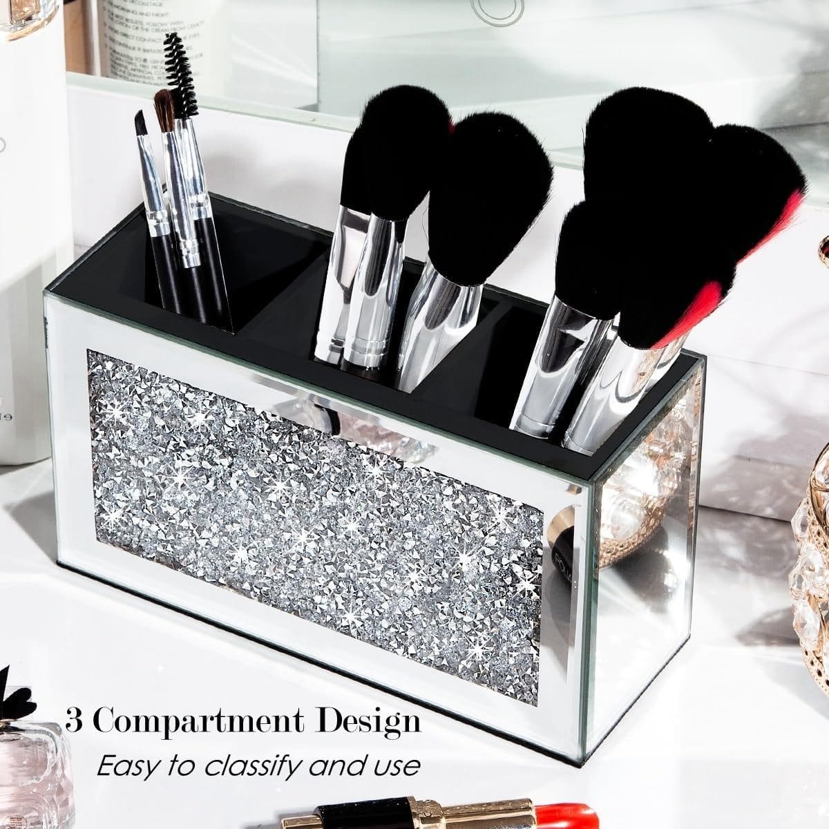jkthpu-45 Serenas Mirrored Crushed Diamond Makeup Brush Holder Organizer