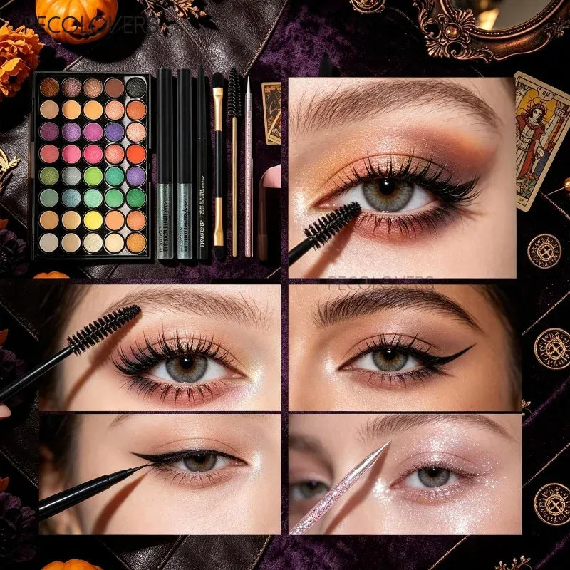 KissICON SET 01 8PCS Face Set, Multi-color Eye Shadow Plate+eye Black+eyeliner Pen+makeup Tools, Waterproof and Durable, Halloween Makeup