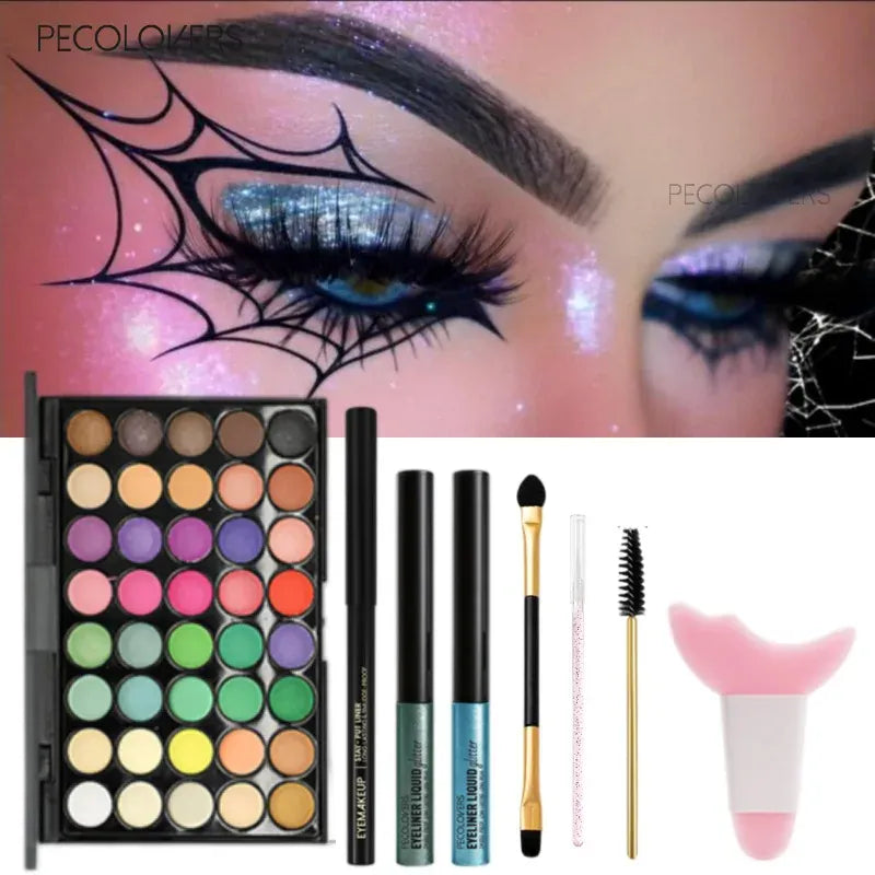 KissICON SET 01 8PCS Face Set, Multi-color Eye Shadow Plate+eye Black+eyeliner Pen+makeup Tools, Waterproof and Durable, Halloween Makeup